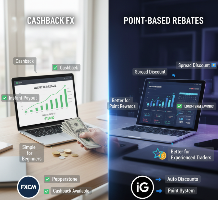 キャッシュバック FX と ポイント 還元 比較 FXリベートの還元には主に2種類の仕組みがあります。ここでは、それぞれの違いや、実際にどの方法が自分に合っているかをざっくり解説していきます!